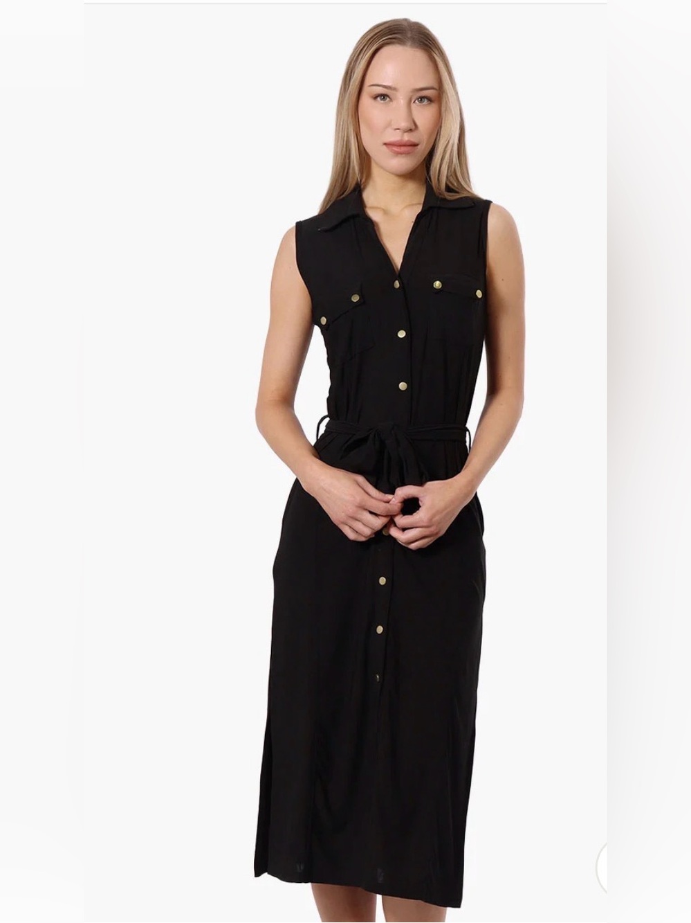 Grace Elements Black Sleeveless Maxi Shirt Dress with Gold Buttons